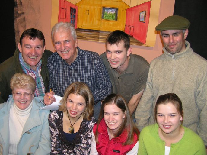 The Cast. Back row, left to right: Barry Cooper ("Ronnie"), Stewart Hiorns ("Phillip"), Jaimes Cooper ("Alan"), Tony Currell ("Ted"). Front row, left to right: Julie Greenwood ("Phoebe"), Sian Cole ("Margaret"), Helen Gallagher ("Patricia"), Laura Sims ("Doris"). Note that Barry Cooper played "Alan", played here by his real-life son, in the 1981 production!